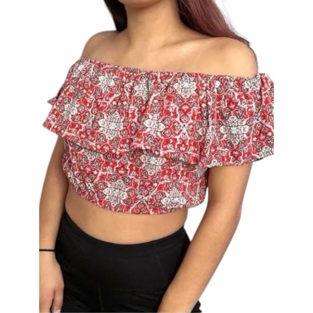HOLLISTER Women’s Red Boho Floral Off-the-Shoulder Crop Top Size Small